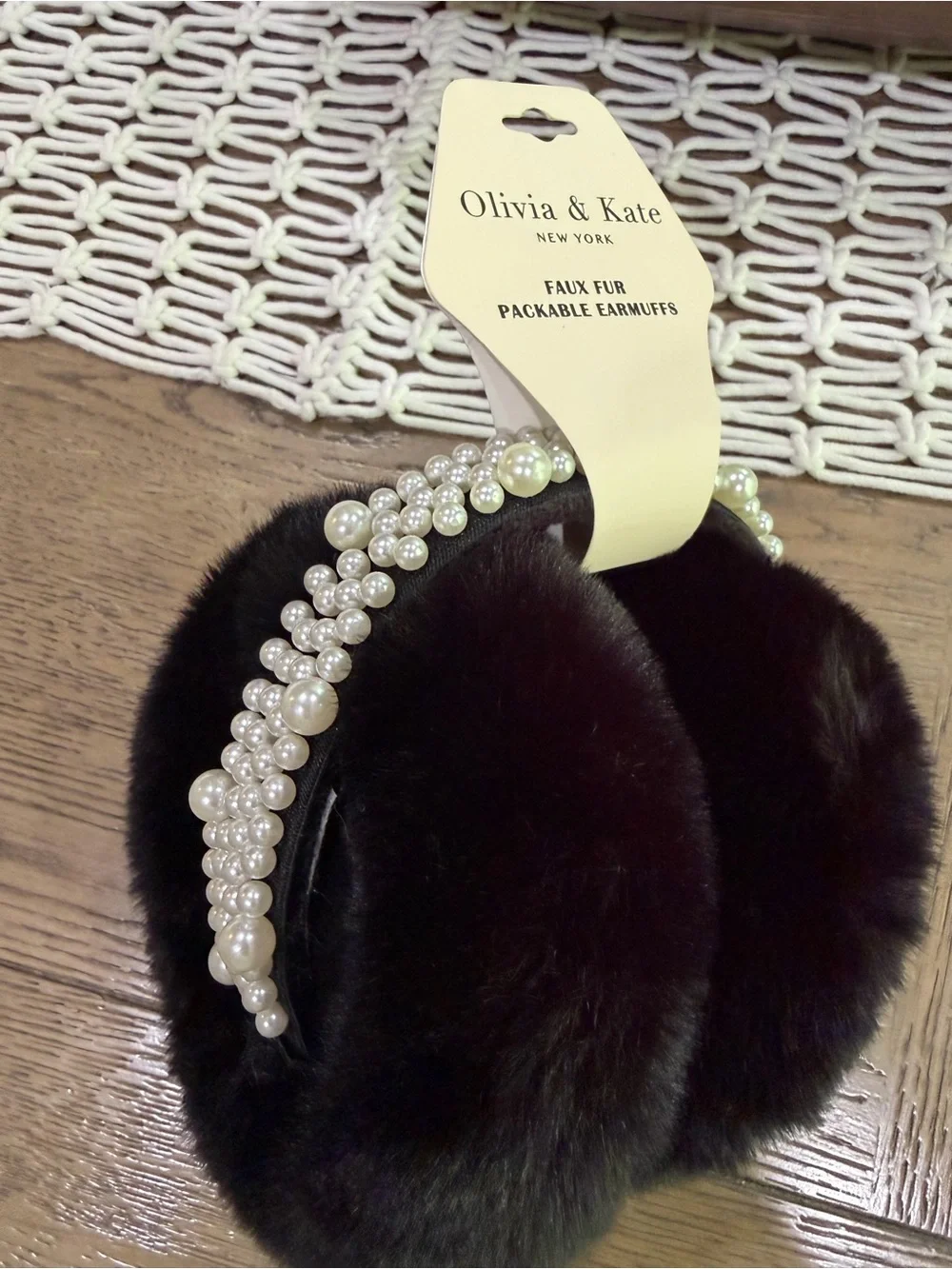 kate spade Olivia & Kate Black Faux-Fur Pearl-Trim Headband Packable Ear Muffs